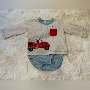 Hatley Gray and Red Firetruck Dog Bodysuit with Long Sleeve Shirt